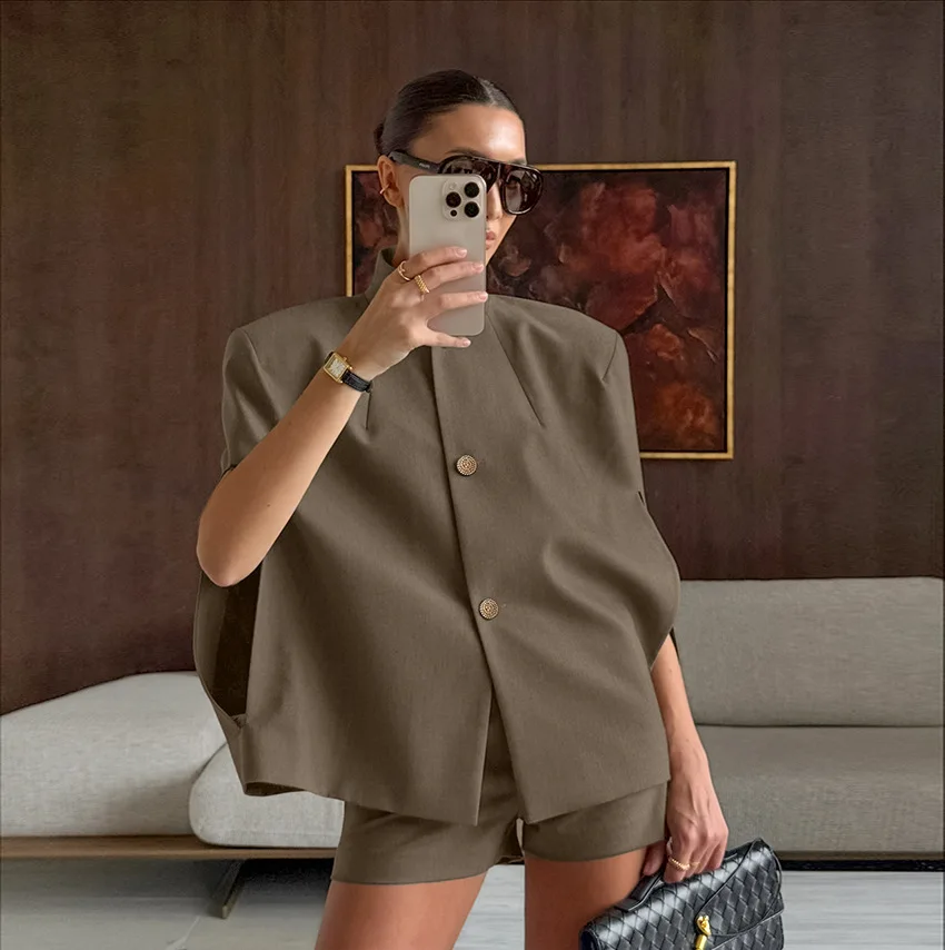 2026 Lady Daily Spring Autumn Outfits New Casual Wide Leg Short Pants Set Women Chic Solid Single Breasted Stand Collar Top Suit Sc695d8e576c04fcb9a0d5f0a8e57a342H