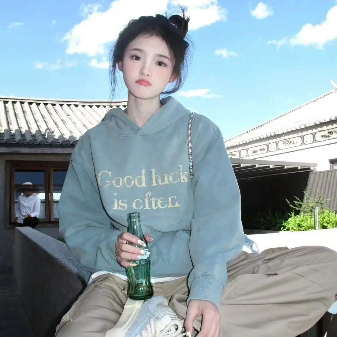 Letter Print Hooded Hoodies for Women Autumn Loose Casual Long Sleeve Streetwear Sweatshirt Female Pullover Tops