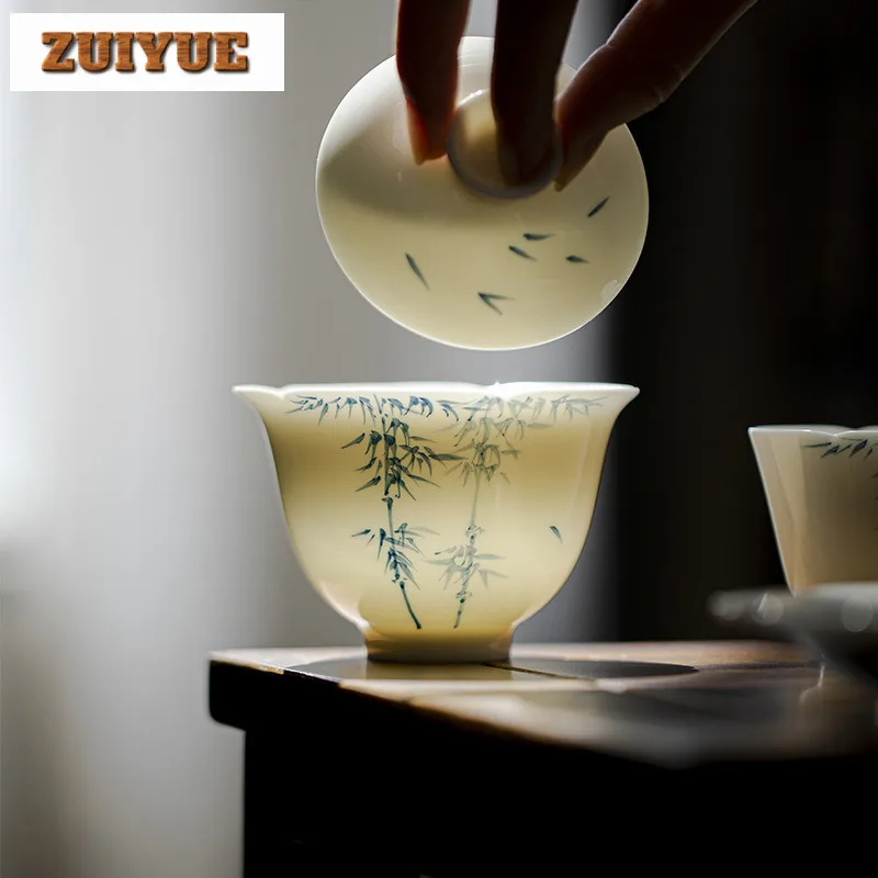 120ml Jade Mud Flower Mouth Gaiwan Hand-painted Bamboo Cover Bowl Boutique High-feet Tea Tureen Tea Maker Chinese Set Gift
