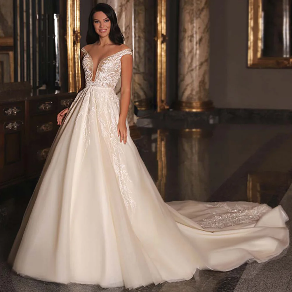 

Princess V Neck Card Shoulder Sleeveless Wedding Dress Romantic Applique Beaded A-Line Floor Length Bridal Marriage Gowns