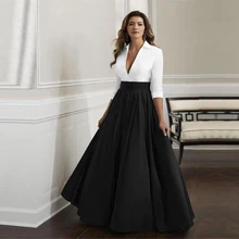 

Simple Mother of the Bride Dresses Gorgeous A Line White and Black High Collar Wedding Guest Gowns V Neck 3/4 Sleeves Party Gown
