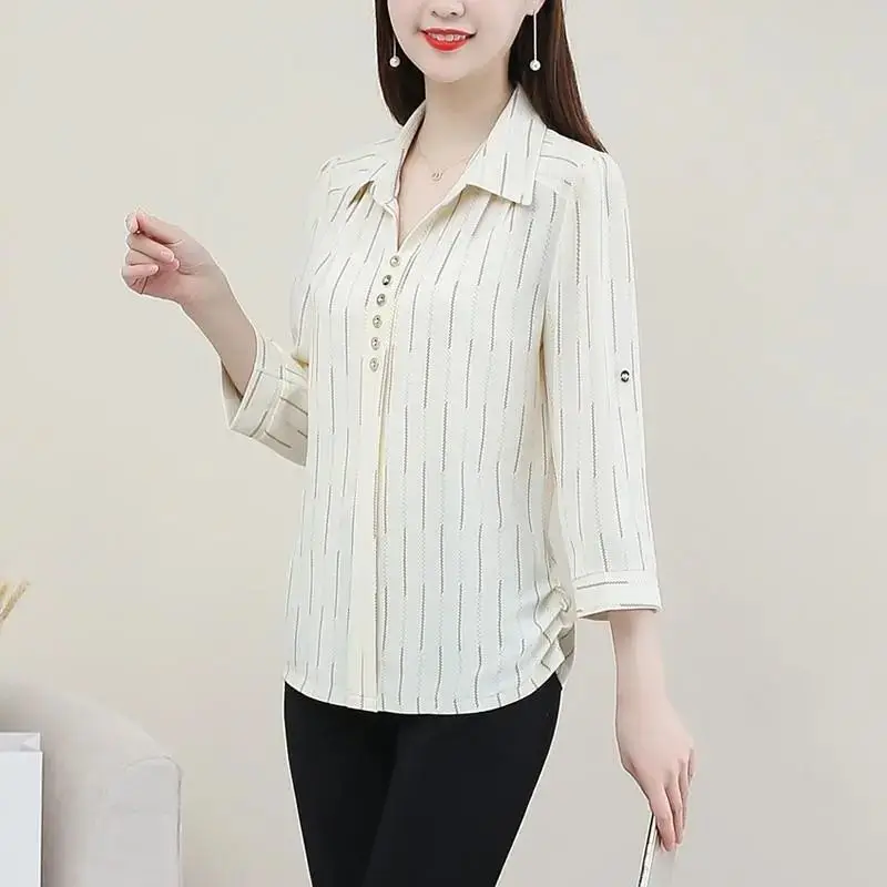 용수철 심플 올매치 블라우스, 루즈 폴로 넥, 스트라이프 단추 셔츠, 빈티지 패션, 여성 의류, 3/4 소매, 여름 신상