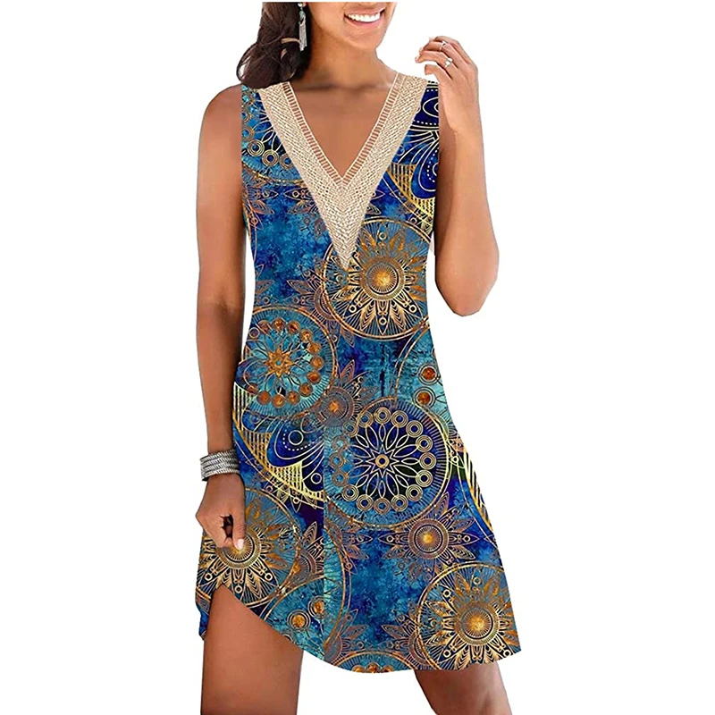

Summer Casual Floral Print Sleeveless Mini Dresses Women's Elegant Sexy Lace Knitted V-neck Loose Pullover Vintage Vest Skirts