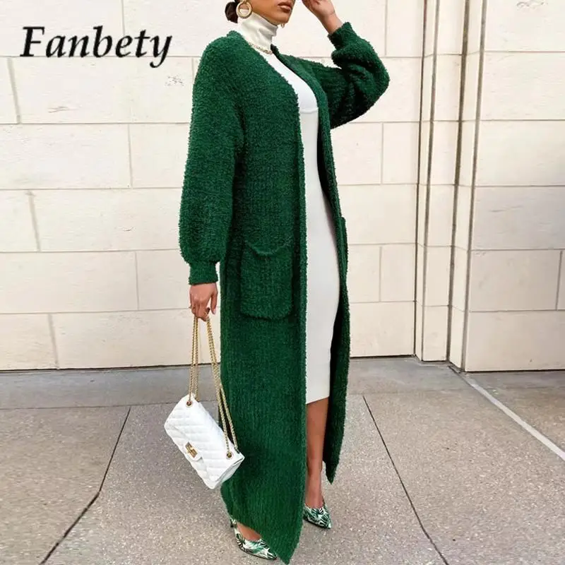 

New Long-Sleeve Versatile Solid Warm Sweater Cardigan Women Office Pocket Knitted Sweater Autumn Winter Loose Soft Sweater Coat