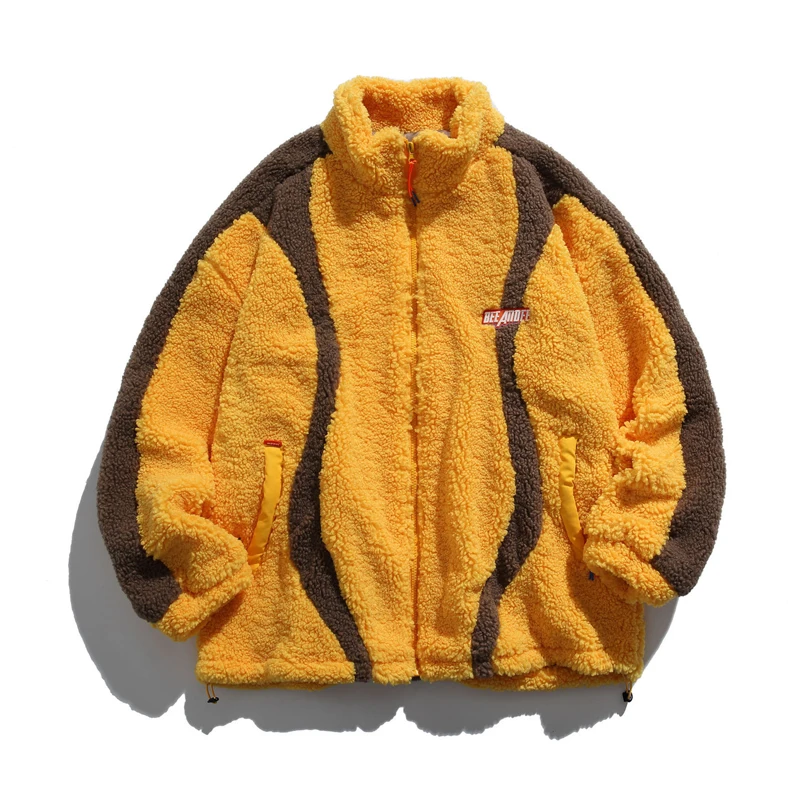 

Winter Lamb Fleece Thickened Warm Standing Collar Couple Coat Casual Loose Contrast Color Top Men Street Fashion Harajuku Jacket