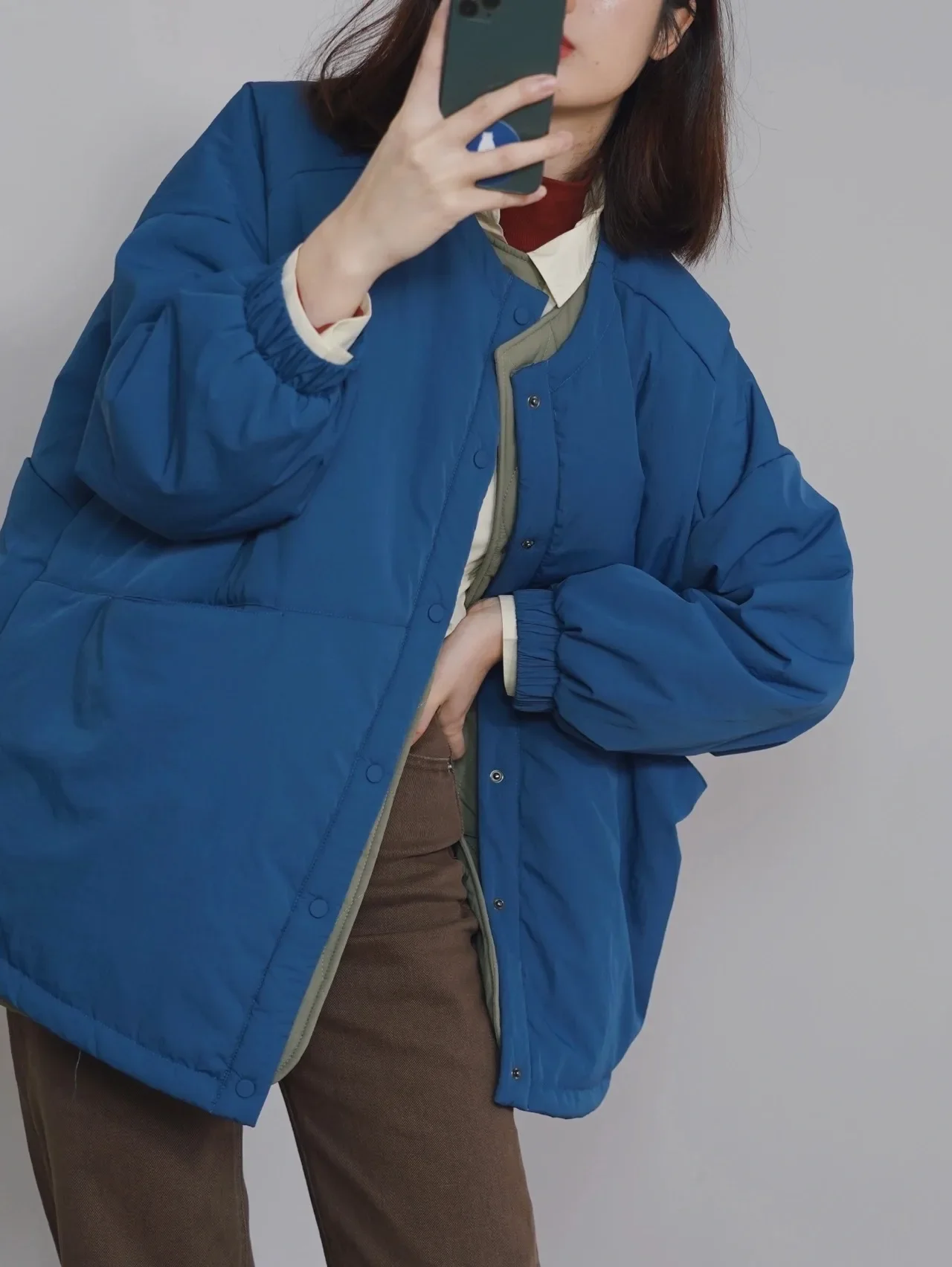 Autumn Winter Thick Loose-Fitting Blue Cotton-Padded Coat