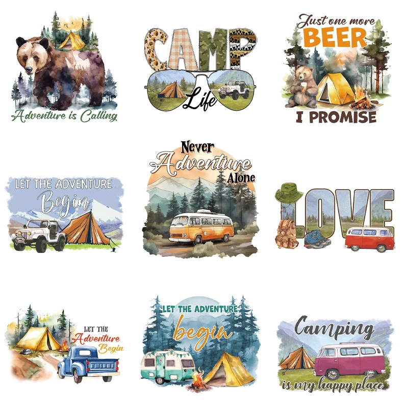 9piece self driving camping Iron On Patch Thermal Transfer Diy Accessory Washable Arts Stickers Patch