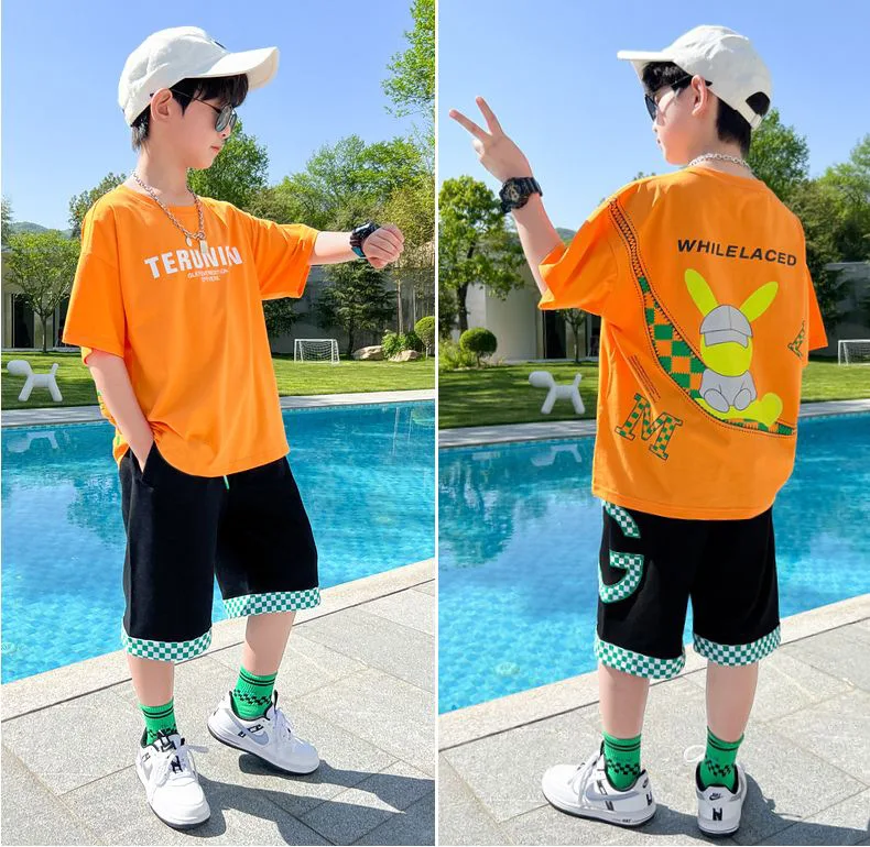 Boys cotton cartoon alphabet T-shirt with plaid shorts 2-piece outfit 45879