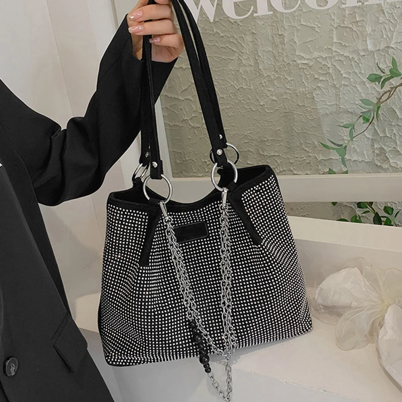 Women's Fashion Luxury Design Shopper Totes Large-Capacity pu Leather Rhinestones Shoulder Handbag Female Brand Top Handle Bags
