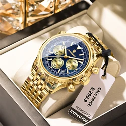Luxury Waterproof Luminous Chronograph Men's Sport Watch with Stainless Steel Finish (960 Gold Blue)