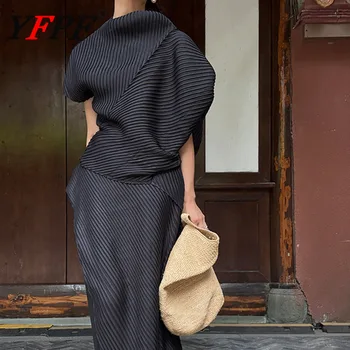 YFPF Miyake Pleated Women 2 Piece Set Solid Color Asymmetrical Design Loose Tops Long Skirt Elegant 2026 New Clothing 1
