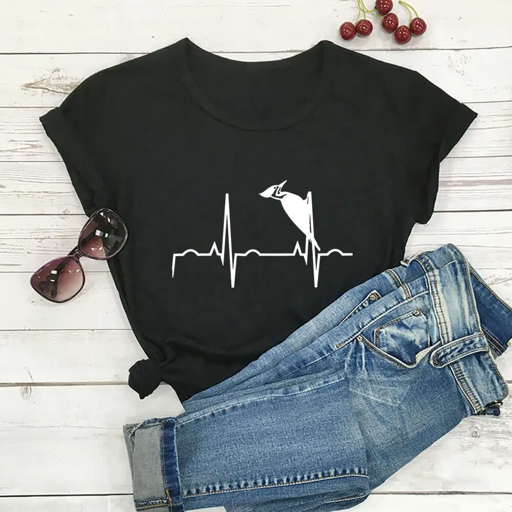 

Bird Lover Heartbeat Graphic Print 100%Cotton Women Tshirt Unisex Funny Summer Casual Short Sleeve Top Nature Lover Shirt