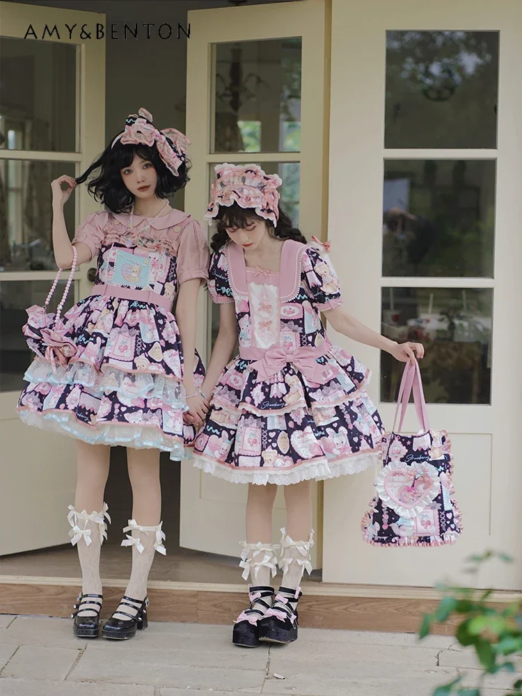 Original Sweet Cartoon Print Lolita Dress Summer New Cute Bow Temperament Princess OP Dresses Kawaii Slim Graceful Mini Dress