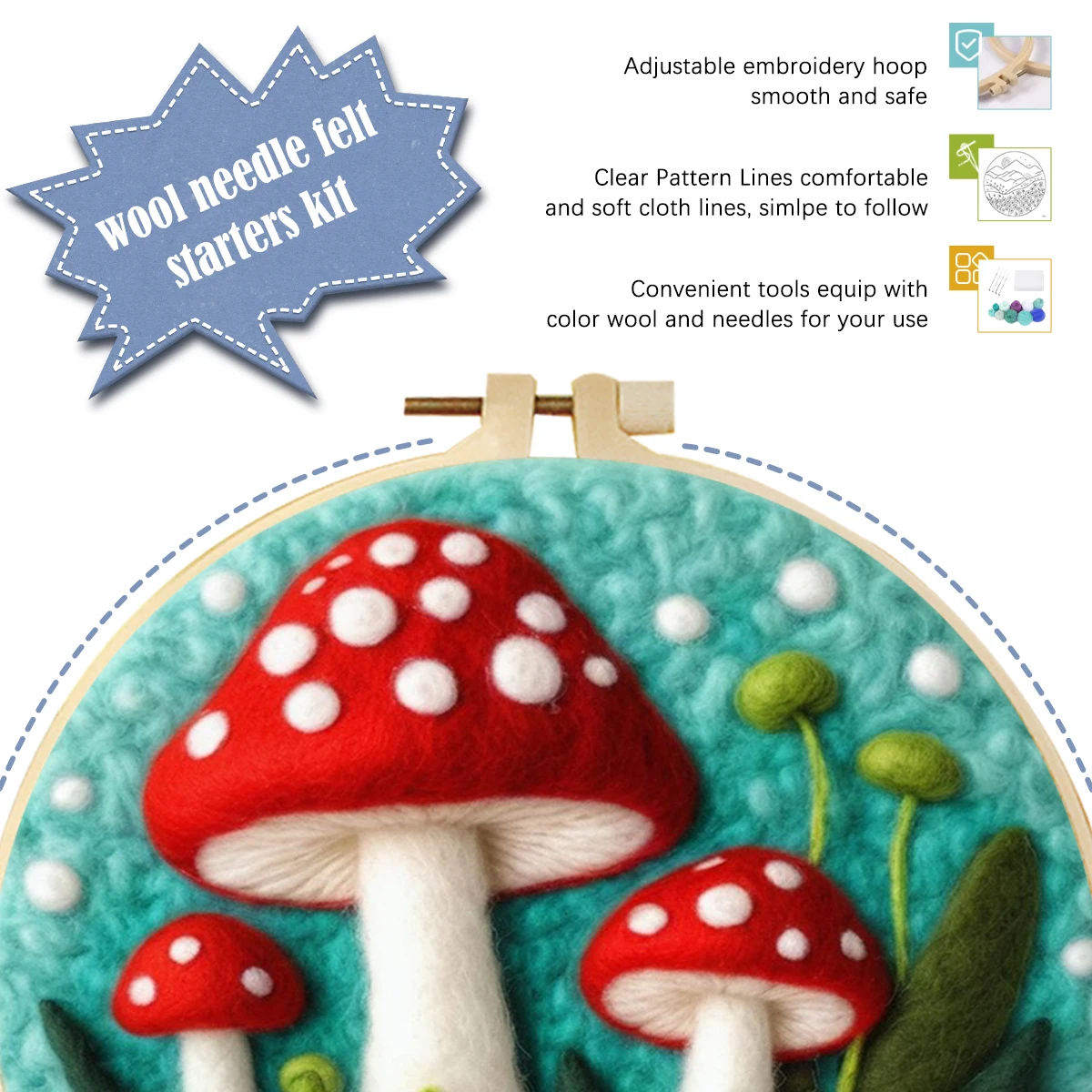 Mushroom Wool Felting Painting Kit Needles Tool Felting Needles Tool Foam Felt Cloth Embroidery Frame Diy Gift