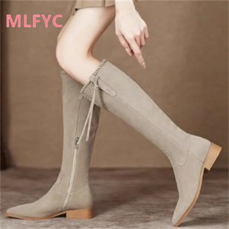 Cowboy boots female boots Brown thick heel round head retro high boots Women's fashionable sexy comfortable boots