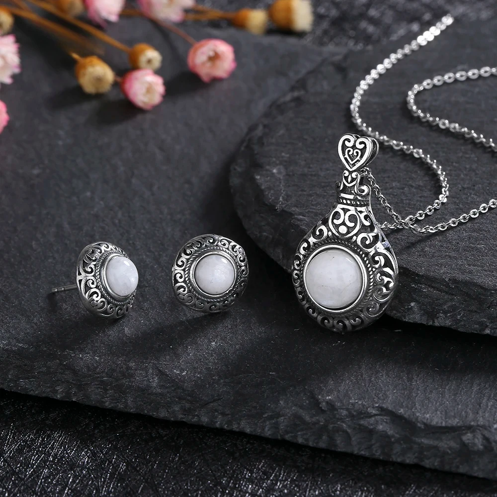 S925 Sterling Silver Natural Moonstone Vintage Hollowed-out Earrings Necklace Elegant Beaded Jewelry Gifts Women Jewelry Sets jewelry set silver jewelry silver jewelry set crystal jewelry set