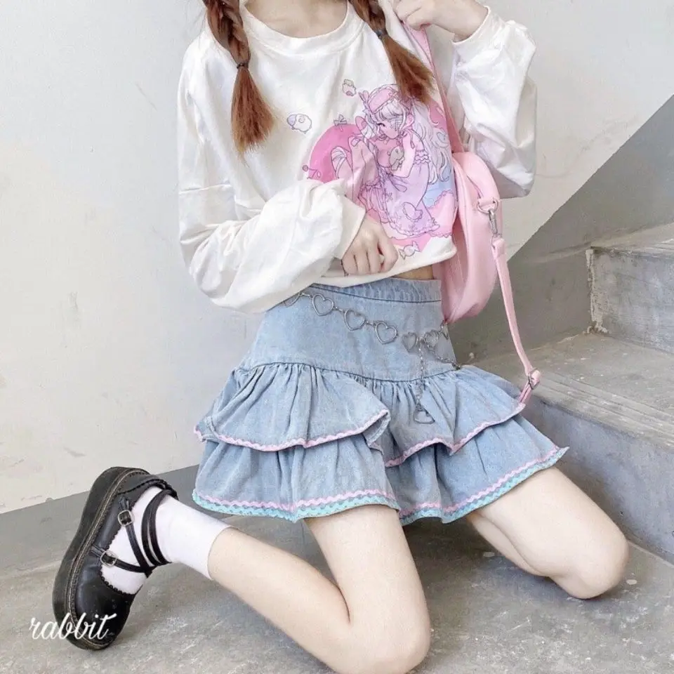 Mini Skirts Sweet Lolita Style Women Harajuku Cute Preppy Style Jk Denim Skirt Japanese Girls Sexy Punk High Waist Tiered Skirt