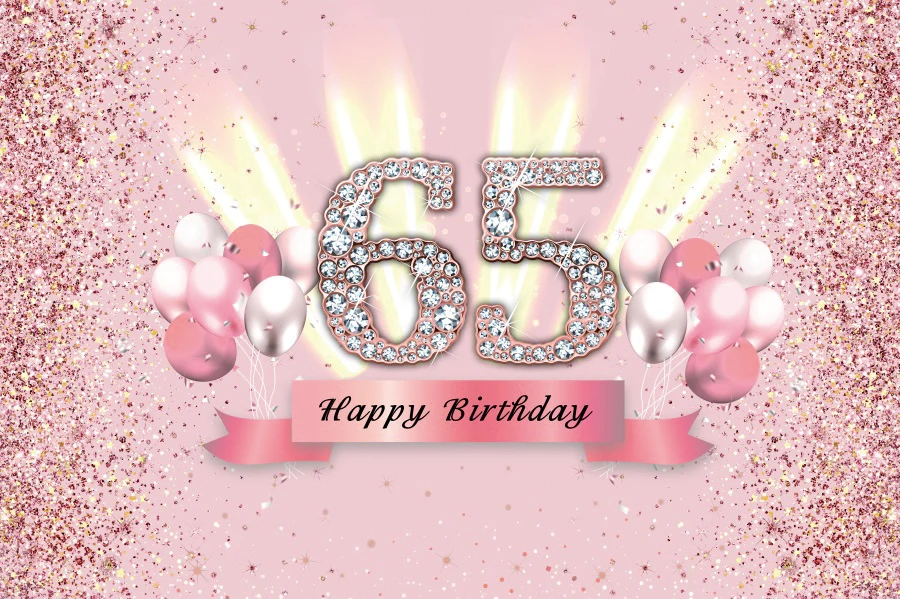 Poster Sfondo Per Festa Di 65° Compleanno Donna 150x90cm - Banner Tessuto Con Scritta Happy 65th E Glitter Rosa Per Decorazioni Tavola E Photo Booth