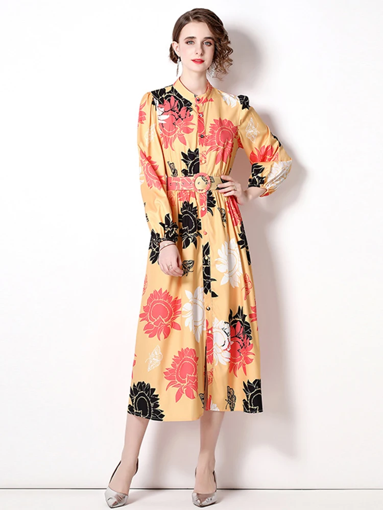 

Fashion Runway Summer Long Dress Women's Stand Collar Puff Sleeve Single Breasted Floral Print Vintage Party Vestidos N7020