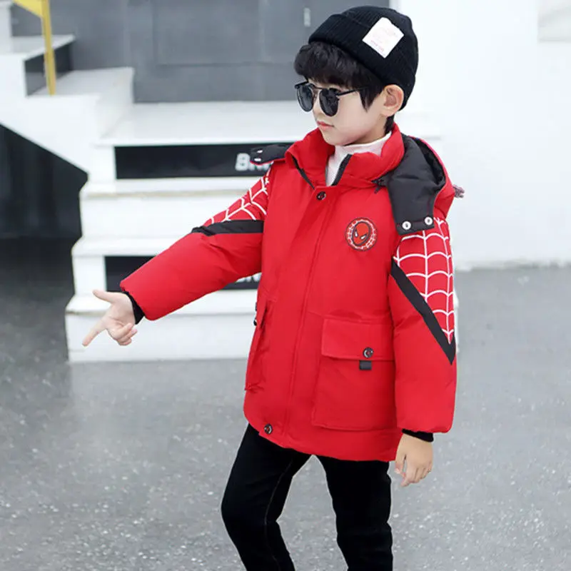 Children Clothing Winter Kids Spider Man Cartoon Luminous Hooded Cotton Coat Teen Boys Outdoor Skiing Jacket Warm Parka