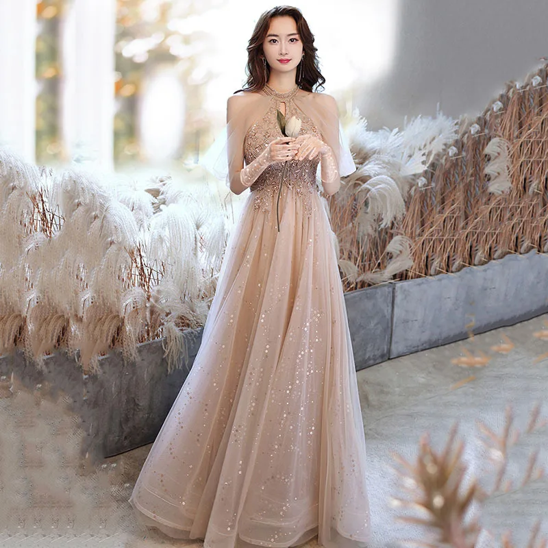 

Женское вечернее платье цвета шампанского, новое летнее и осеннее Сетчатое платье, женское вечернее платье для дня рождения, 18