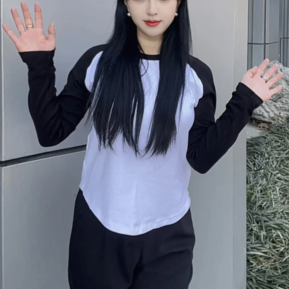 Women Round Collar Long Sleeve Patchwork Cropped Tshirt