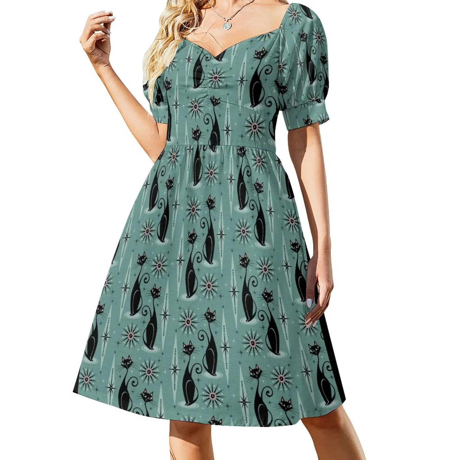 thumbnail image 1 of Vestido de manga corta Mid Century Cats and Clocks III ropa de mujer verano novedades Vestido de dama de honor mujer Vestido, 1 of 7