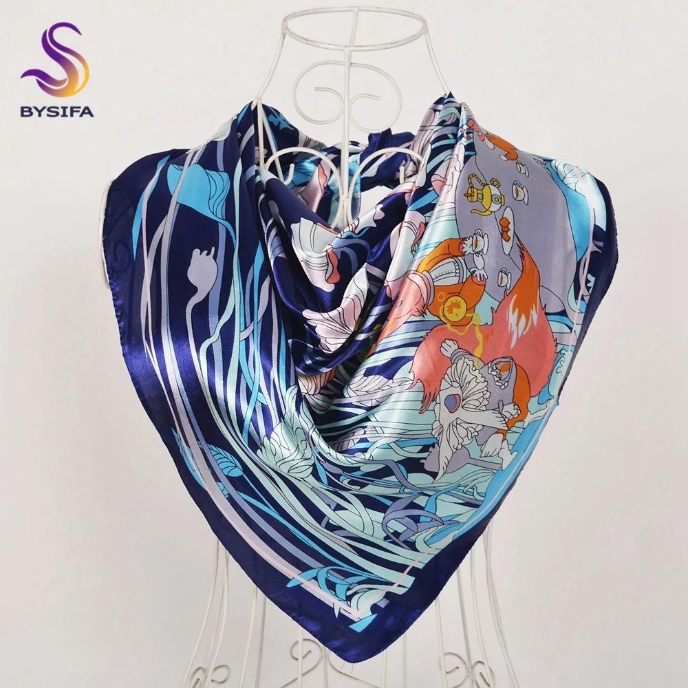 Elegant Navy Blue Silk Scarf with Chinese Rose Design - Large Square Ladies' Fashion Accessory