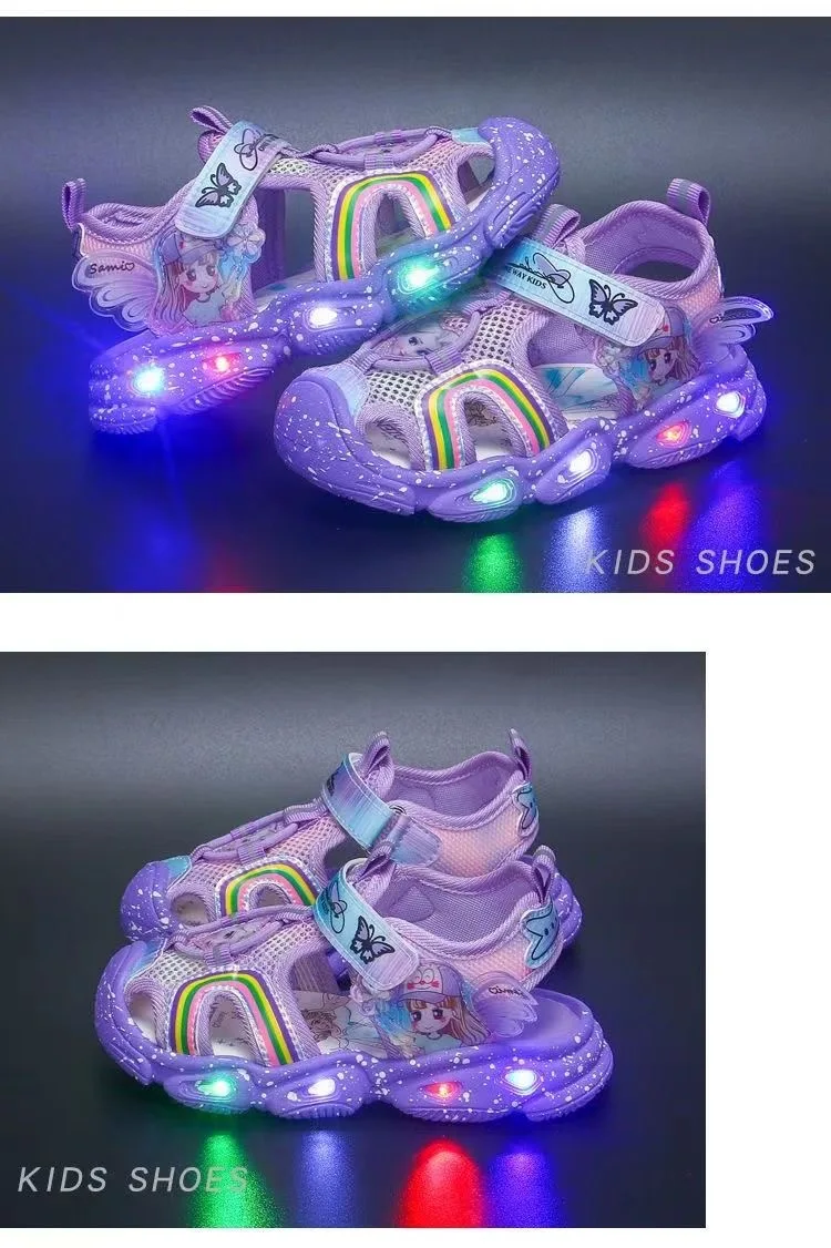 Description Picture 2 of item2024 Girls' Summer Cute Casual Shoes Sandals Led Glow Anti-skid Soft Soles Pink Purple Children Beach Mesh Shoes Size 23-36
