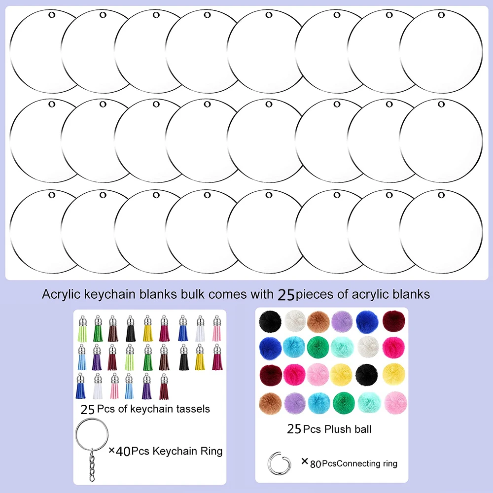195pcs Acrylic Keychain Blanks with Tassels Kit Bulk Pom Pom Keychain For DIY Braided Key Chain Projects&Crafts