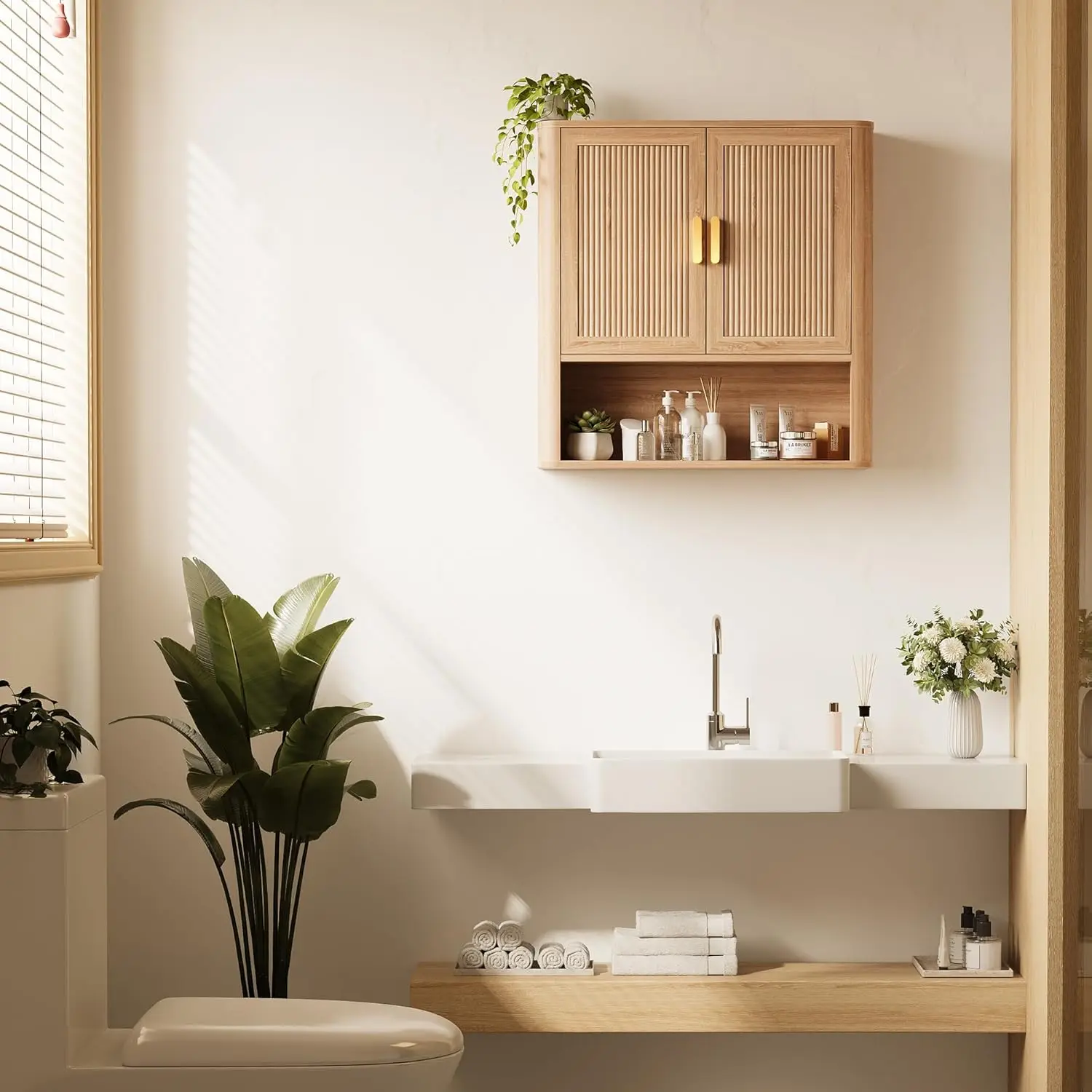 Bathroom Storage Cabinet, Medicine Cabinet with Adjustable Wood Shelf & Doors, Over The Toilet Storage Cabinet