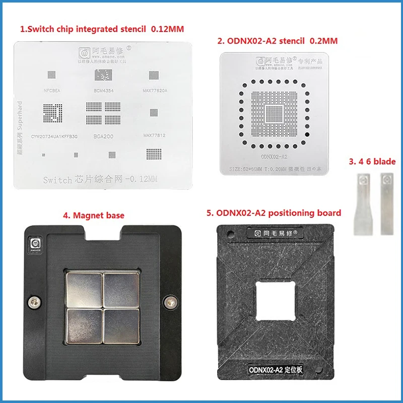 

ODNX02-A2 5in1 BGA Reballing Stencil Kits Station For Game Player Switch CPU IC Chip Stencils Pin Solder Tin Plant Net Square