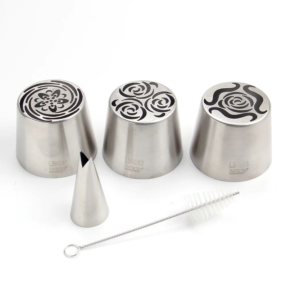 3 PCS Stainless Steel XL Russian Icing Nozzles Pastry Baking Tools Kit 1PCS Leaf Tip & Brush