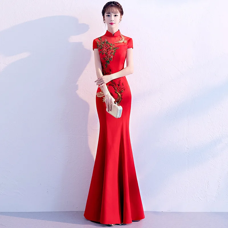 

Elegant Mermaid Party Dress Women Bride Mandarin Collar Embroidery Cheongsam Wedding Bridesmaid Qipao Vestidos