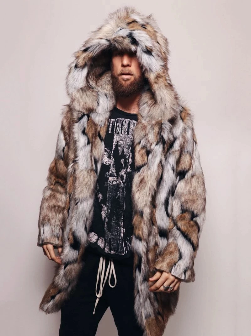 Men's New Faux Fur Coat Medium Length High Quality Comfortable Warm Faux Fox Fur Coat