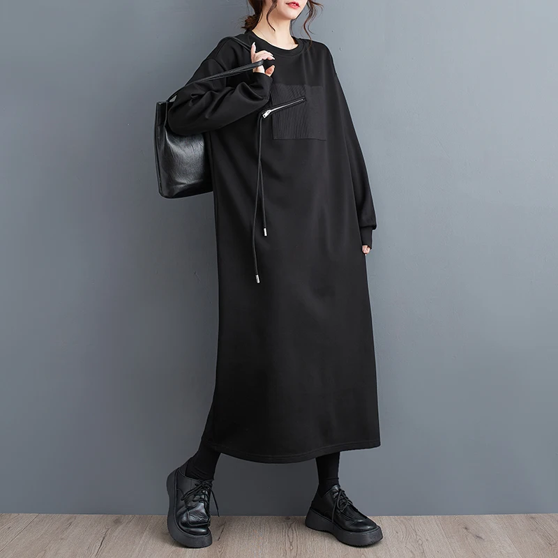 

Женское платье-свитшот на молнии, темно-черное Повседневное платье составного кроя в японском и корейском стиле, модное осеннее платье для девушек