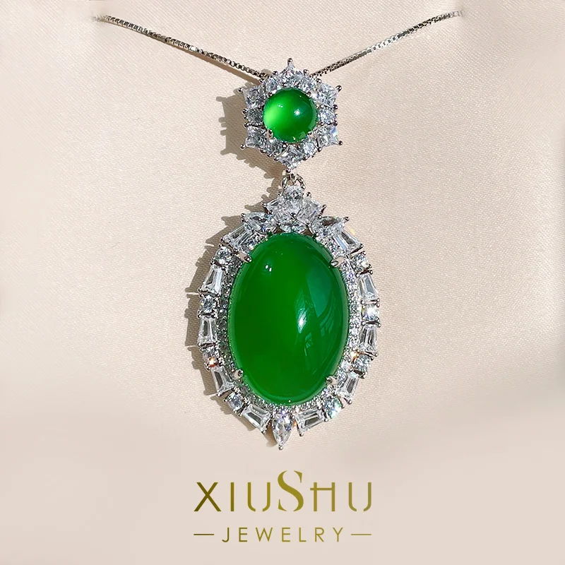 

High Fluorescence Ice Seed Natural Brazilian Green Chalcedony Pendant Necklace Sweater Chain Emerald Sun Sterling Silver I