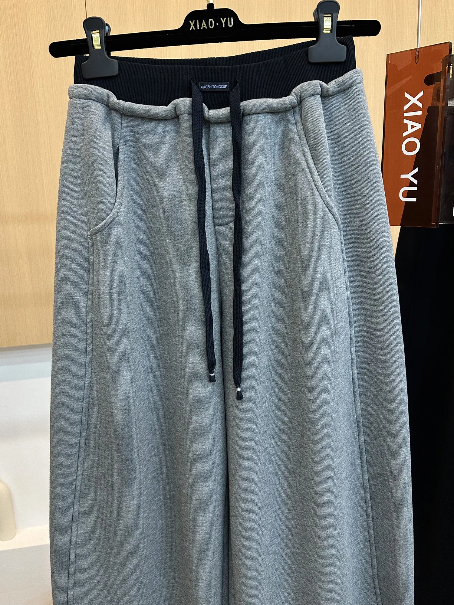 بنطلون نسائي واسع الساق بخصر مرتفع ورباط، تصميم مرقع مع حافة منحنية، مناسب للربيع والخريف، بنطلون رياضي كاجوال