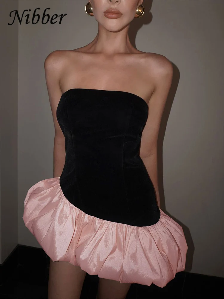 Nibber Summer Puffy Dress Women Y2K Elegant Irregular Velvet Patchwork Strapless Midnight Birthday Party Sweet Banquet Bodycon