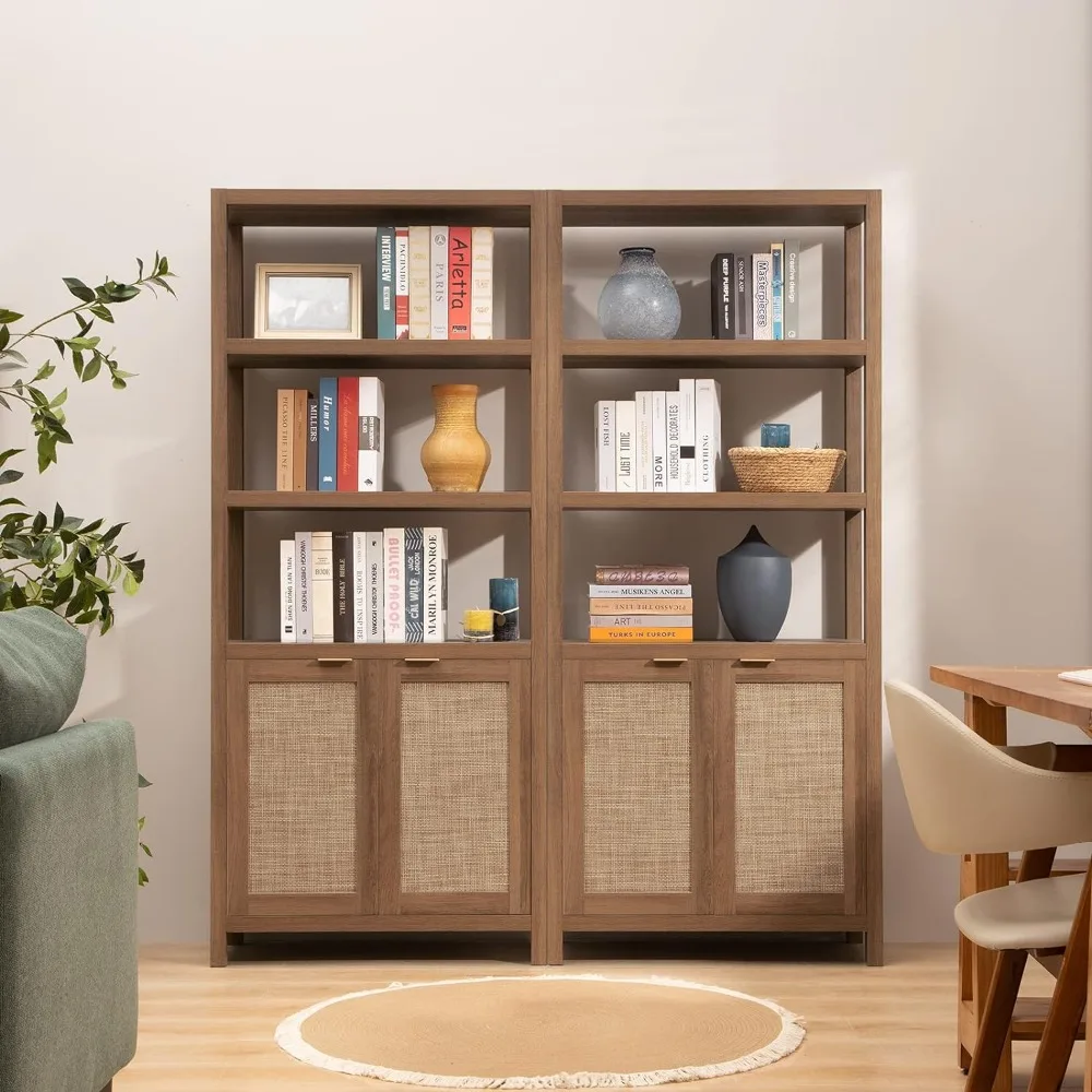

Bookshelf, 5 Tier Bookshelf, Rattan Tall Bookcase, with Doors Storage Wood Shelves Farmhouse Bookcases, Bookshelf