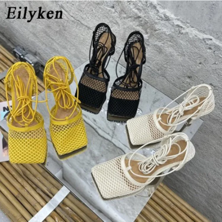 2024 Modische Sandalen, atmungsaktive Mesh-Schnürschuhe für Damen mit quadratischem Kopf, sexy, verführerische Mesh-High-Heels für Damen, Sandalen – Detail 5