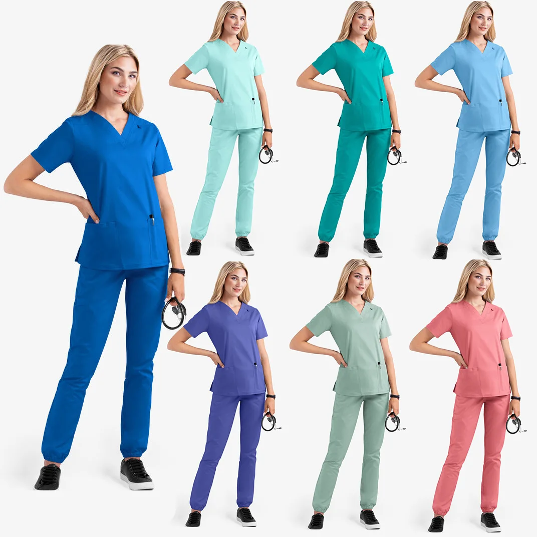 

New Solid Color Pocket V-neck Nursing Work Uniform Nursing Uniform Nurse Uniform Two-piece Set Women's Short Sleeve
