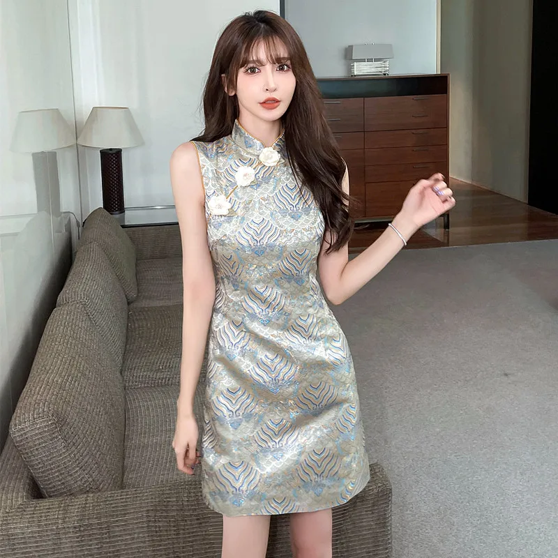 

2023 Summer Retro Chinese Style Stand Collar Cotton Short Slim Sleeveless Traditional Clothing Hip Modified Cheongsam Dress