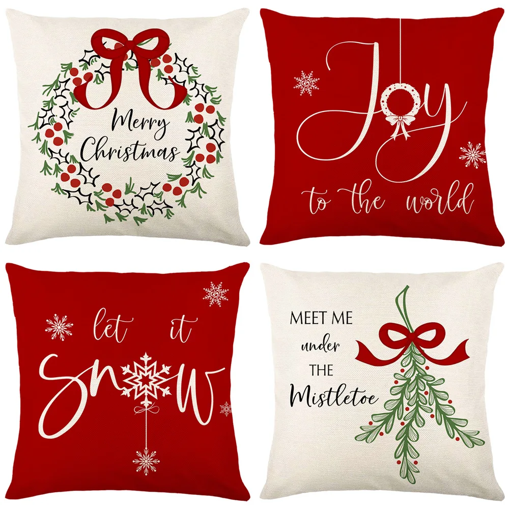 

Christmas Decorative Pillow Cover 18x18 Inches Throw Pillowcase Christmas Wreath Linen Cushion Cover Decor Pillow Case