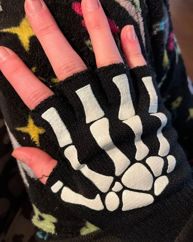 Glow in the Dark Skeleton Skull Fingerless Gloves - Unisex Halloween Mittens