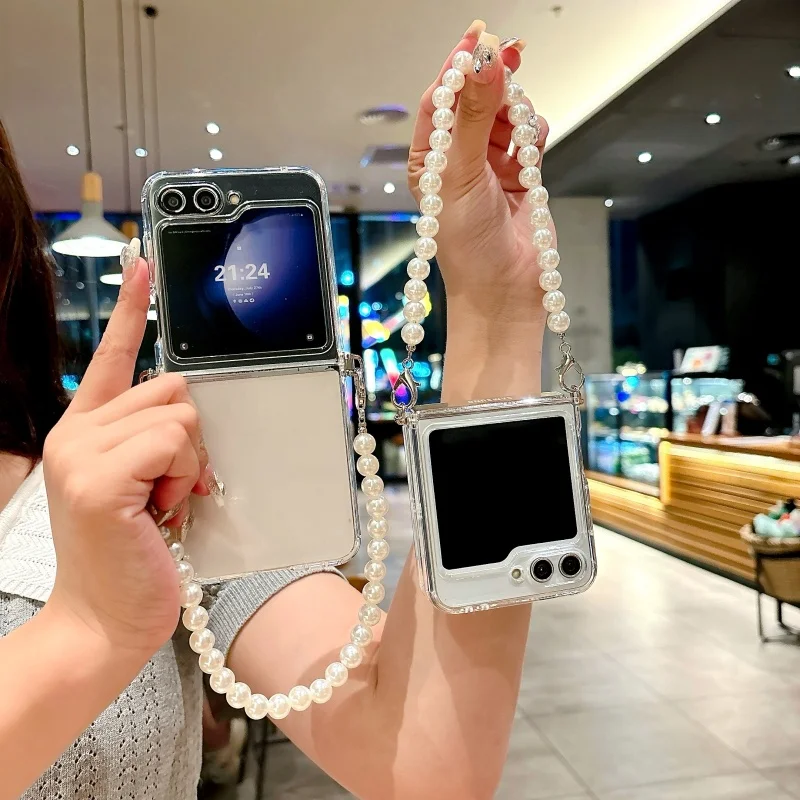 Transparent TPU Foldable Phone Case with Pearl Bracelet and Side Buckle