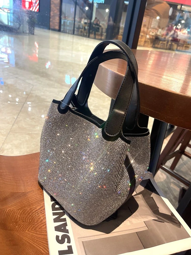 

Textured Leather Rhinestone Diamond Bucket Bag Women Handbag Evening Bag Dinner Party Bling Clutch Purse Shoulder Messenger Bag