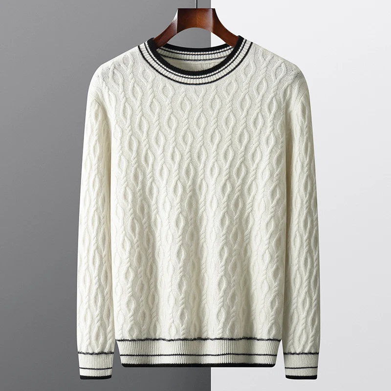 Autumn and winter men's O-neck sweater black and white stripes contrast thick sweater 100% wool sweater knit bottoming shirt 3