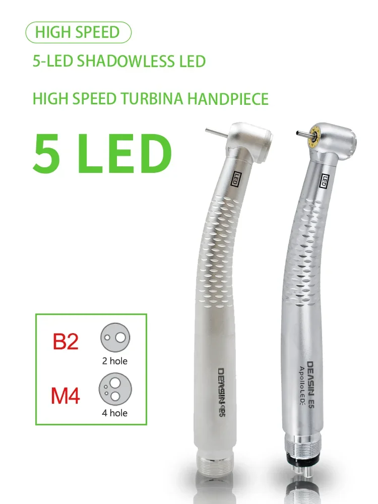Dental-Hochgeschwindigkeits-Handstück mit 5 LEDs, 5 Wassersprays, E-Generator, Luftturbine, B2 M4 Druckknopf, Keramikrotor-Werkzeug