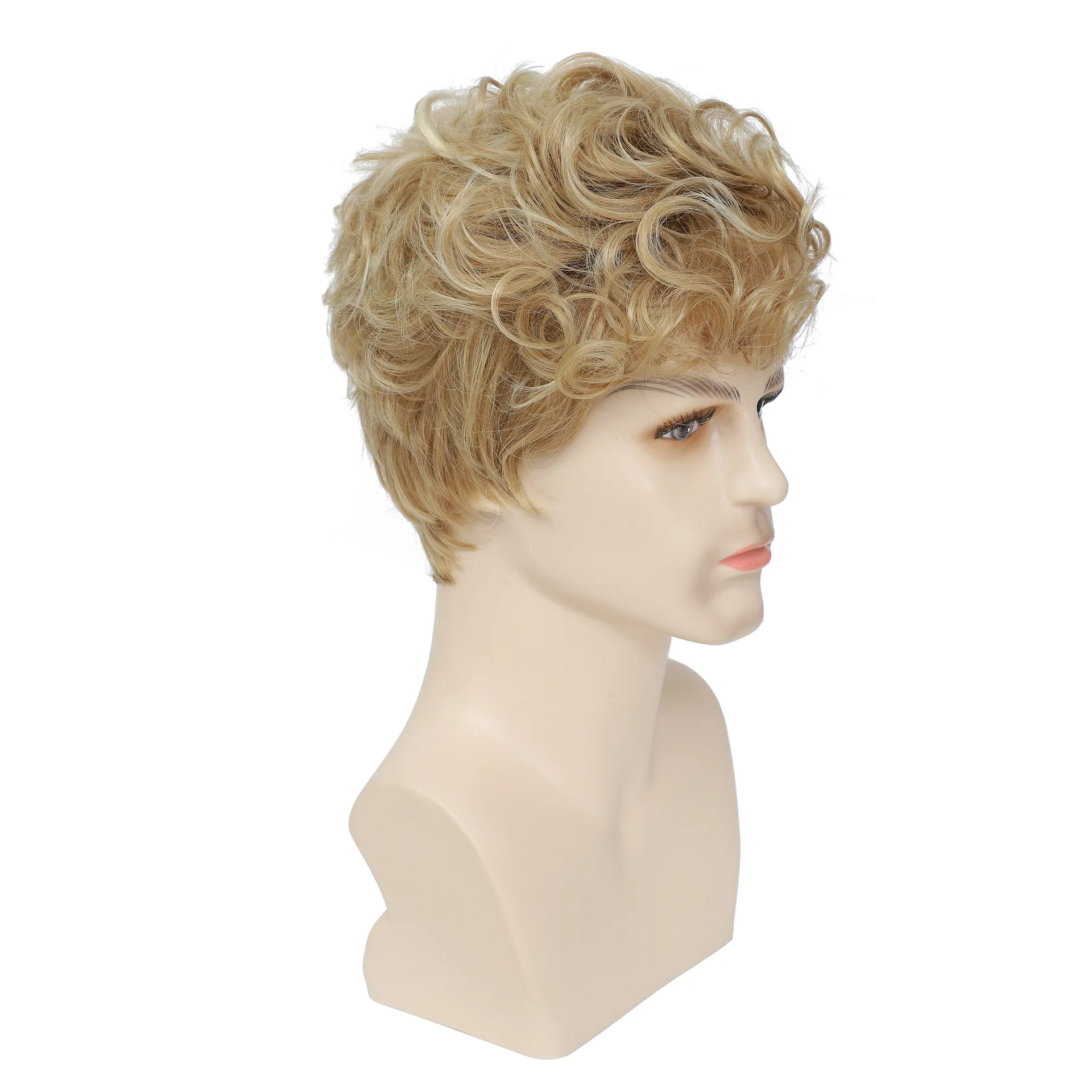 Synthetic Men Short Curly Blonde Wig with Bangs Fluffy Looking Realistic Wig High Temperature Fiber Wavy Fake Hair - 4